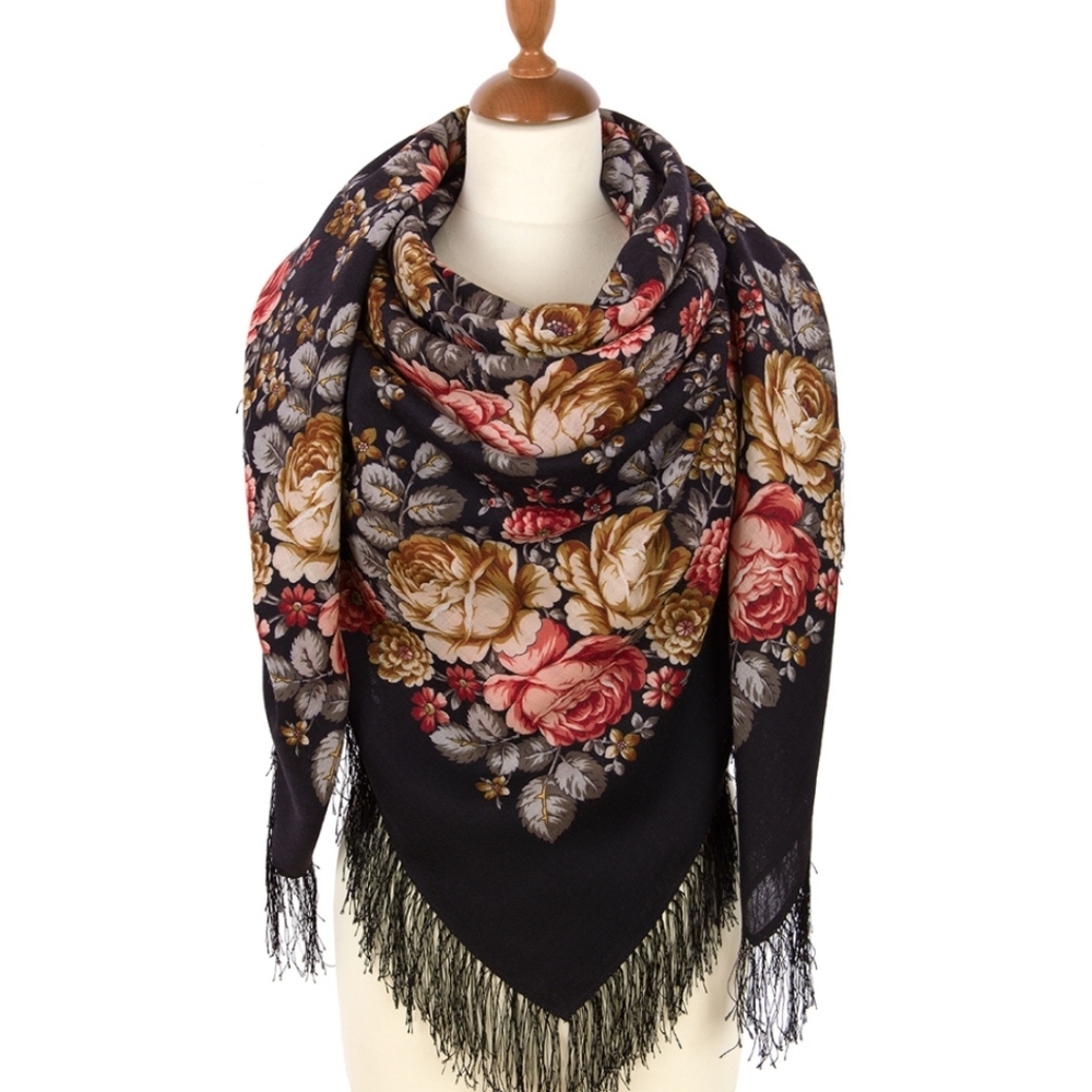 💓NWT Pavlovo Posad Wool 100% scarf with silk fringe "Flower Tale"